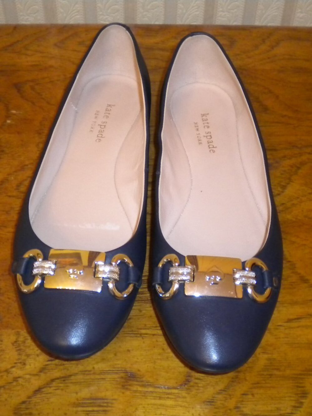 Kate Spade New York Navy Blue Flats with Gold Tone Hardware